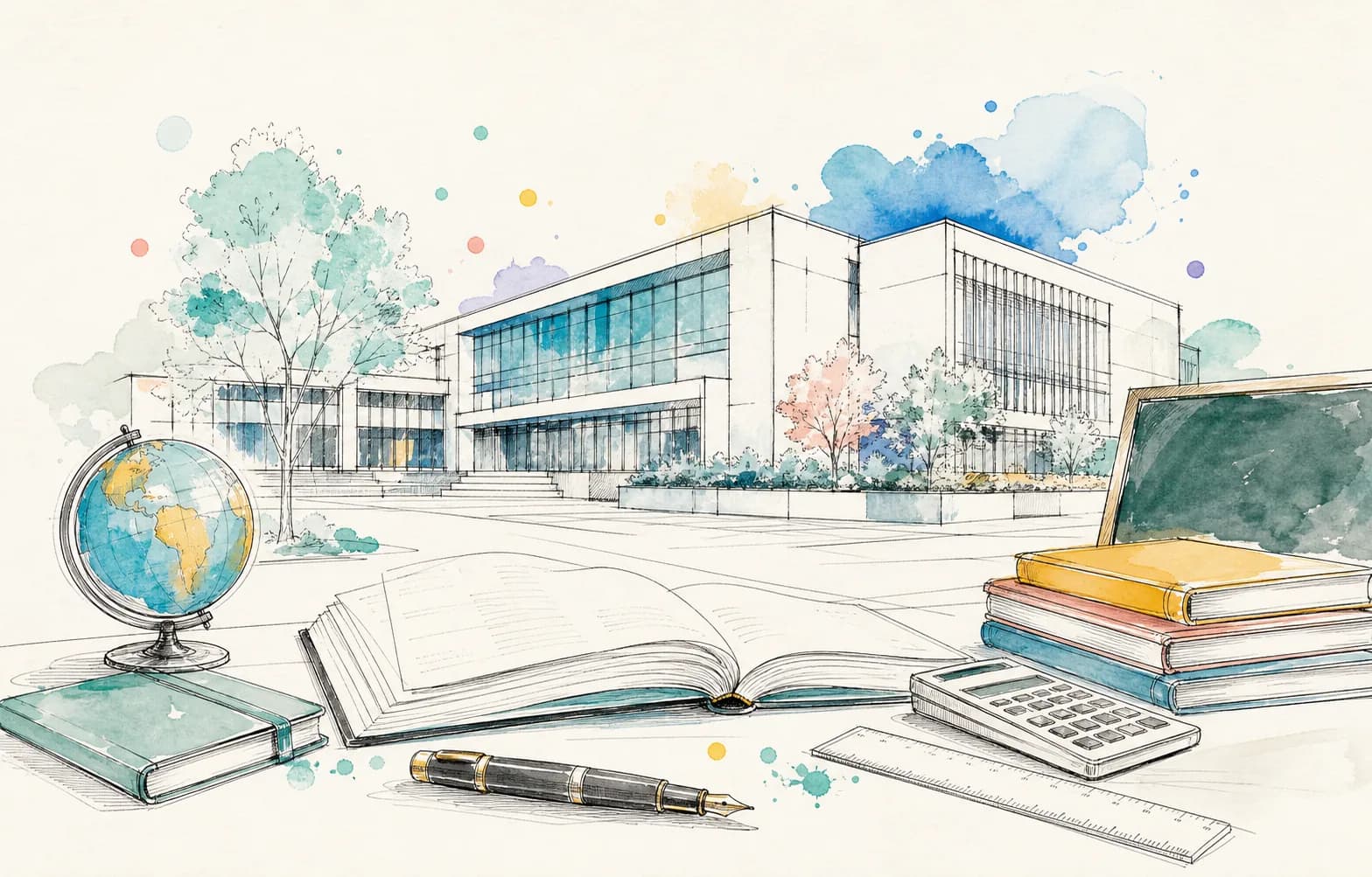 Rysunkowa ilustracja szkoły, książek i przyborów edukacyjnych